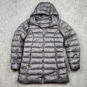 Eddie Bauer Down Coat Womens Small Gray EB650 Hooded Quilted Puffer Jacket‎